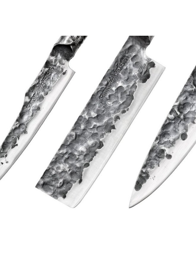 Samura Meteora Professional Japanese Knife Set 3 Piece - VG-10 Damascus Steel - Chef, Nakiri, & Utility Kitchen Knives - Hammered All-Metal Design - Premium Cooking Cutlery - Image 2